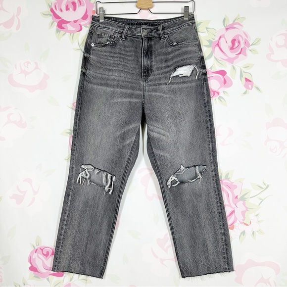 American Eagle Outfitters AEO Gray Distressed High Waist Mom Denim Jeans 8 Short - Picture 1 of 9